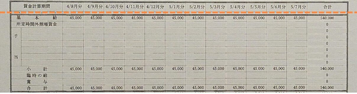 写真画像 賃金台帳テンプレートの中段部を切り抜いて見せている
