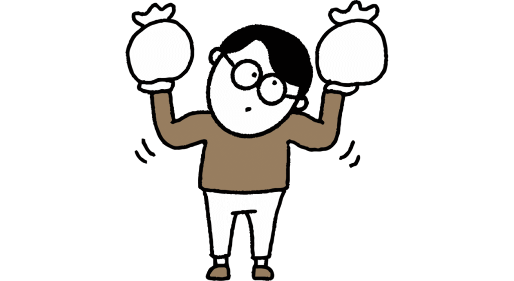 男性が袋入りのものを両天秤にかけているイラスト画像