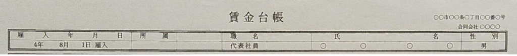 写真画像　賃金台帳テンプレートの最上部　雇入年月日、職名、氏名・性別、自社名を示している