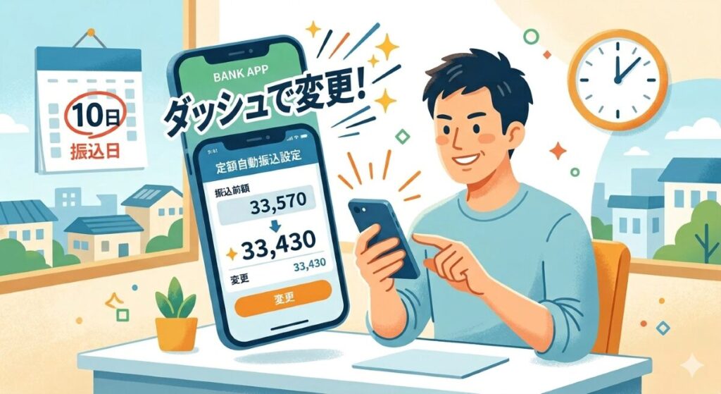 イラスト画像　スマホで定額自動送金設定の変更をしている様子　「振込日１０日」「ダッシュで変更！」のテキストで期限に向けて、すぐに手続きを済ませるように促している
