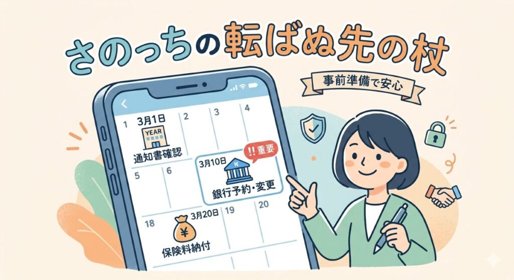 イラスト画像　スマホのカレンダーで予定を確認している様子