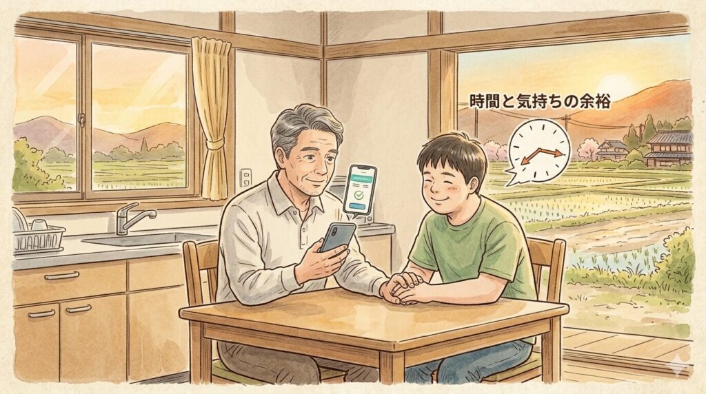 イラスト画像　父と次男が家で穏やかに過ごしている様子