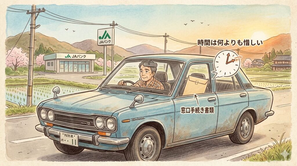 イラスト画像　車でJAバンクへ向かう様子