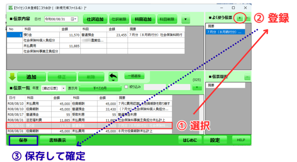 ニコラ会計のメイン画面。下部の伝票一覧から対象の仕訳を選択(①)し、画面右上の「よく使う伝票」にある「+」ボタンをクリックして登録(②)、画面左下の「保存」ボタンをクリックして確定する(③)一連の操作手順を示すスクリーンショット。
