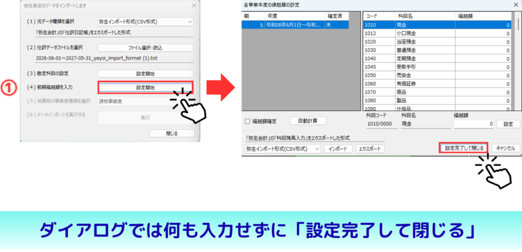 左側で①「設定開始」ボタンを押して「各事業年度の繰越額の設定」ダイアログを開き、右側で何も入力せずに右下の「設定完了して閉じる」ボタンを押す手順を示している画像。下部には「ダイアログでは何も入力せずに『設定完了して閉じる』」の補足テキストがある。