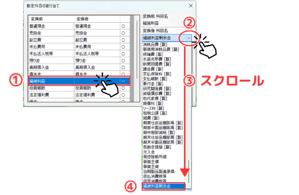 会計ソフトの勘定科目割り当て画面。1:リストで「繰越利益」を選択し、2:右側の「変換後 科目名」のドロップダウンメニューを開き、3:下にスクロールして、4:「繰越利益剰余金」を選択する手順を示した図。