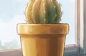イラスト あるはずの頭の部分がフレーム内に収まっておらず意図的に隠されているような鉢植えの丸い形のサボテン